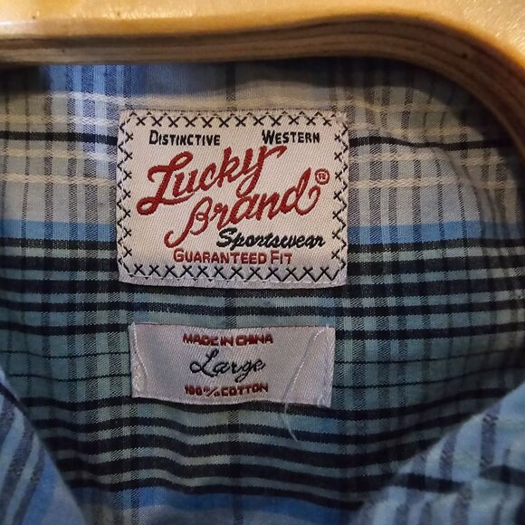 Lucky Brand Long Sleeve Shirt Size Large Button Up Blue‎ Green Plaid - Picture 6 of 6